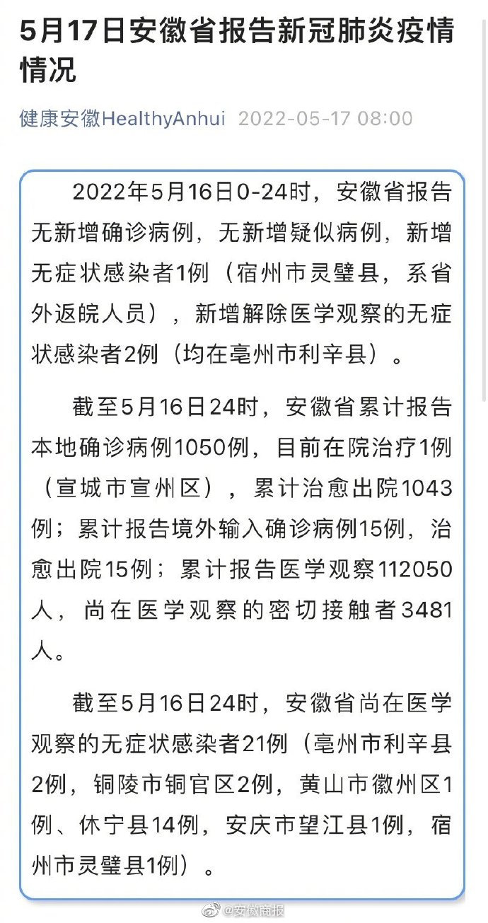 安徽新增无症状感染者4例/安徽新增无症状1例 安徽新增无症状感染者4例/安徽新增无症状1例