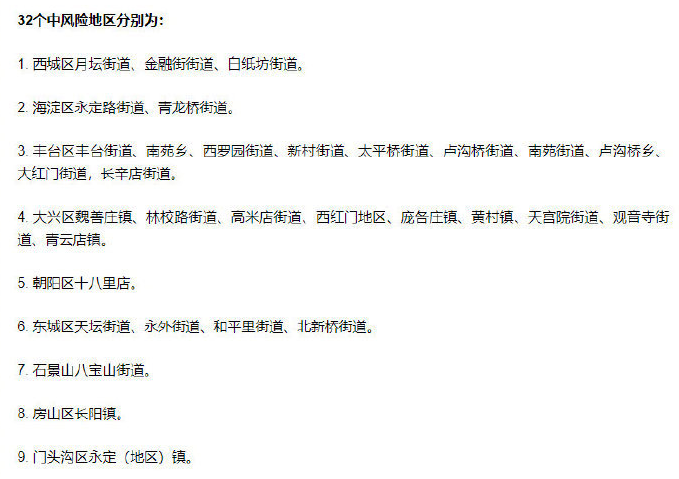 北京7个中风险地区/北京32个中风险地区