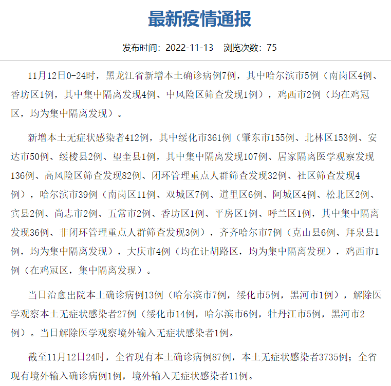 黑龙江省最新疫情通报/黑龙江省最新疫情通报数据