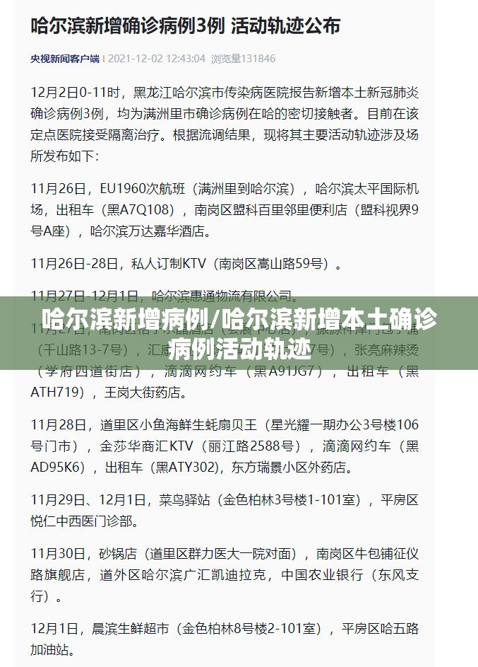 哈尔滨新增病例/哈尔滨新增本土确诊病例活动轨迹 哈尔滨新增病例/哈尔滨新增本土确诊病例活动轨迹