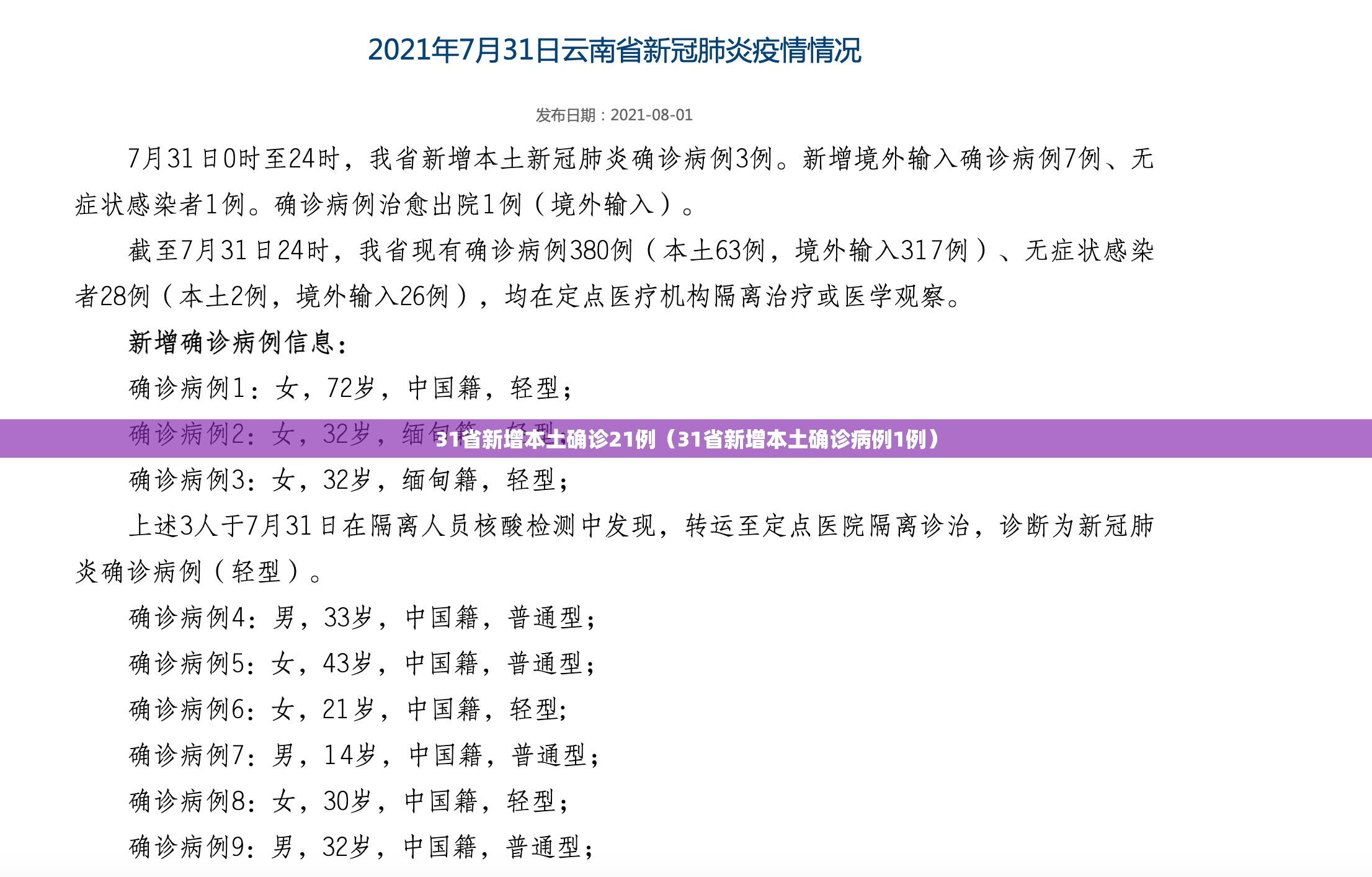 31省新增本土确诊21例（31省新增本土确诊病例1例）