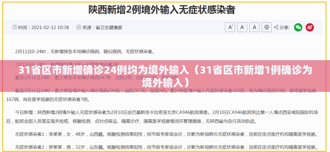31省区市新增确诊24例均为境外输入（31省区市新增1例确诊为境外输入）